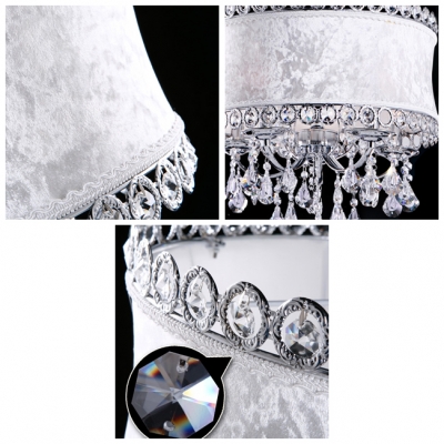 Modern and Graceful White Flannel Drum Shade Large Pendant Light Accented by Hand Cut Crystals
