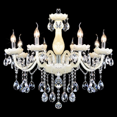 Soft and Chic White Glass Curved Arms and Clear Crystal Beading Chandelier