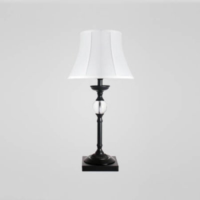 Solemn Table Lamp Fixture Features Elegant Iron Black Frame with Clear Crystal Ball Topped with White Bell Shade