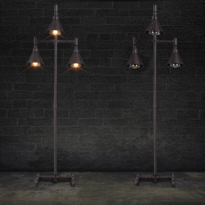 Three Lights Industrial Retro Pipe Accent Floor Lamp with Cone Shades