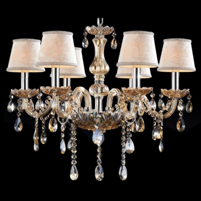 Warm and Elegant Amber Crystal Curved Arms and Droplets Soft White Shades Chandelier
