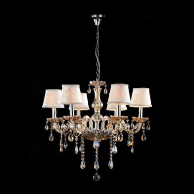 Warm and Elegant Amber Crystal Curved Arms and Droplets Soft White Shades Chandelier