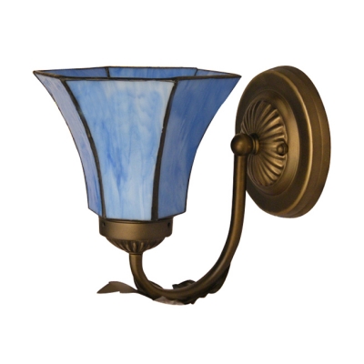 Blue Flower Shade Tiffany Wall Sconce Complemented by Wrought Iron Base