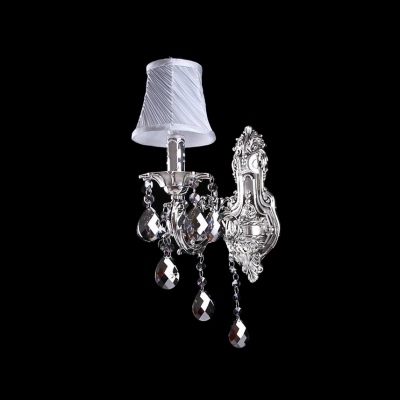 Brilliant Stunning Wall Sconce Completed with Exquisite Silver Finish Canopy and Beautiful Crystal Drops Topped White Fabric Shade