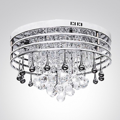 Clear Crystal Drops Cascades with Polished Stainless Steel Metal Web Shade Flush Mount