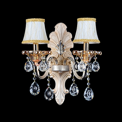 Delicate Crystal Accents and Beige Fabric Shade Creates Striking Wall Sconce