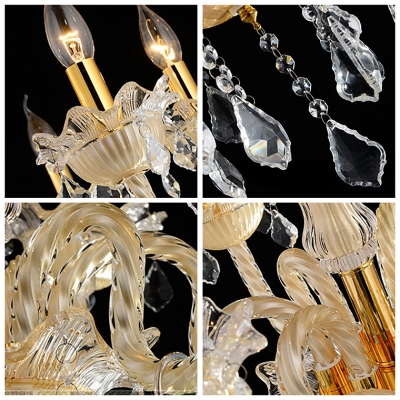 Eight Candle Lights Gracefully Glass Curved Arms Gold Finished Chandelier
