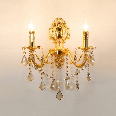 Elegant Two Light Wall Sconce Featured Scrolling Arms and Beautiful White Fabric Shades
