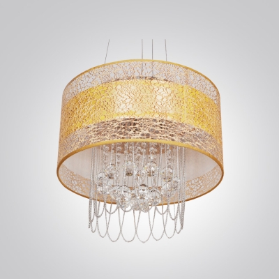 Enchanting Large Pendant with Gold Fabric Shade and Strands of Crystals Create  Welcomed Addition