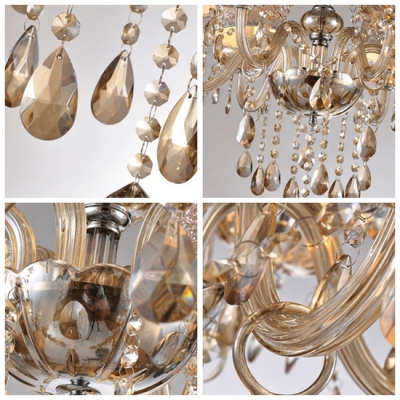 Faceted Champagne Crystal Beads and Droplets 6 Candle Lights Chandelier