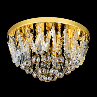 Golden Finish and Clear Crystal Beaded Strands Cognac Crystal Balls Accented Round Flush Mount