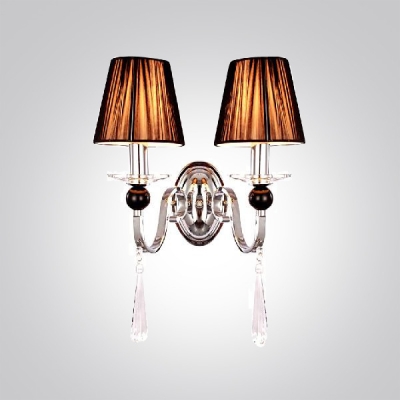 Impressive Faceted Crystal Drops and Black Empire Fabric Shades Add Charm to Delightful Two Lights Wall Sconce