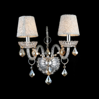 Luxurious Two Lights Wall Sconce Adorned with Graceful Scrolling Arms and Crystal Drops