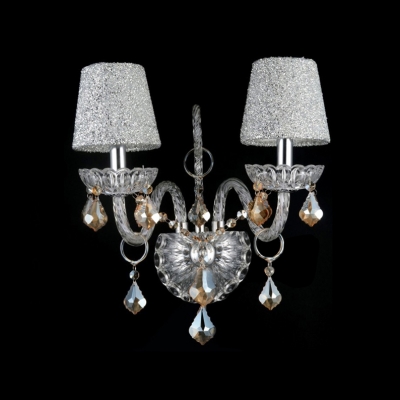 Luxurious Two Lights Wall Sconce Adorned with Graceful Scrolling Arms and Crystal Drops