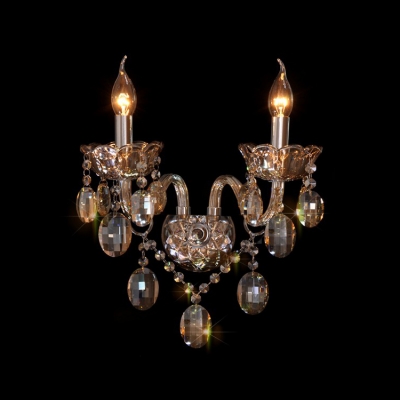 Luxury Regal Two Light Crystal Wall Sconce with Delicate Plates and Graceful Curving Crystal Arms