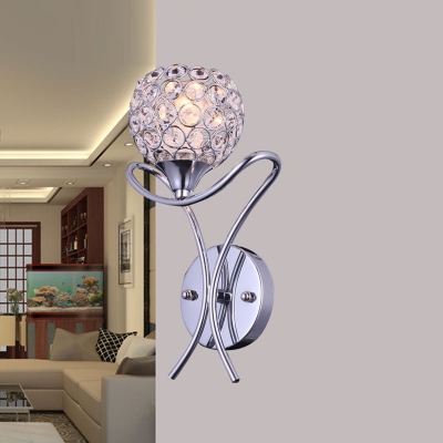 Modern Single Light  Wall Light Fixture Features Graceful Scrolling Arms and Polished Chrome Finish Frame Accented with Clear Crystal Beads