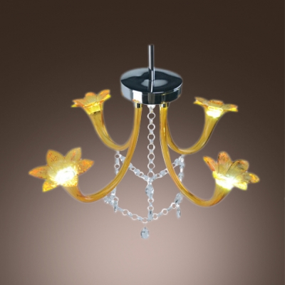 Murano Country Style Four Flower Lighted Chandelier Hanging Crystal Strands and Droplets