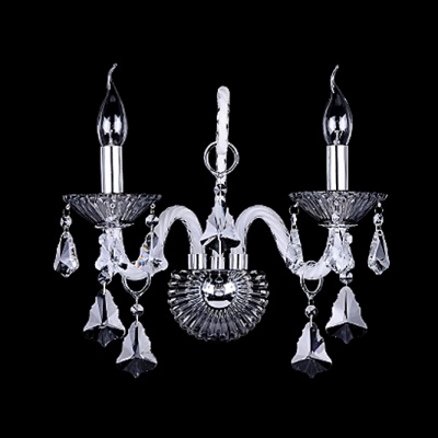 Splendid Sleek Scrolling Arms Add Glamour to Delightful Double Light Crystal Wall Sconce