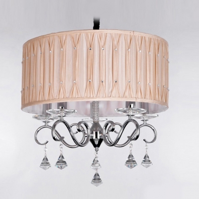 Warm Brown Drum Shade Glittering Clear Diamond Crytsal Droplets and Stainless Steel Chandelier