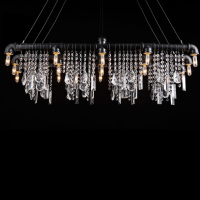 Iron Bar with Crystal Droplet Vintage Linear Pendant Chandelier 15-Light