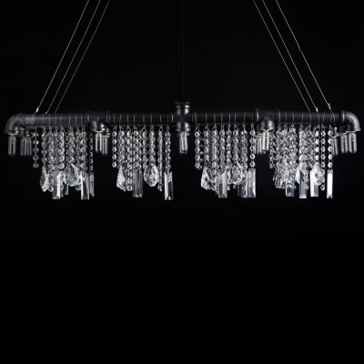 Iron Bar with Crystal Droplet Vintage Linear Pendant Chandelier 15-Light