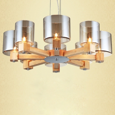 Wide Eight Light Wooden Frame And Glass Shade Chandelier 27.5”