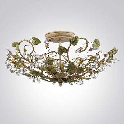 Add Beautiful Focal Point with Elegant and Sophisticated Ceiling Light Fixture Adorned by Green Leaves and Crystal Beads