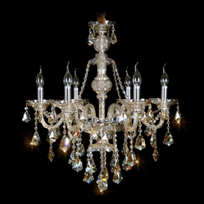 Classic and Elegant Candle Style 6 Lights Chandelier Hanging Amber Crystals