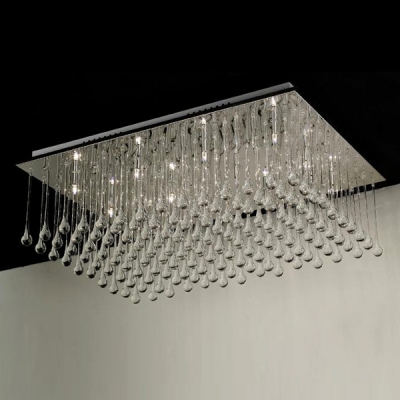 Dazzling Clear Crystal Teardrops Waterfall Square Stainless Steel Chrome Finished Modern Flush Mount