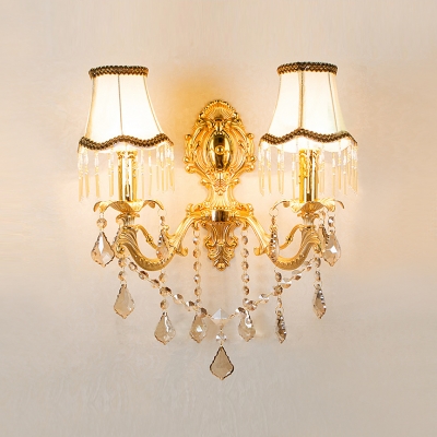Elegant Two Light Wall Sconce Featured Scrolling Arms and Beautiful White Fabric Shades