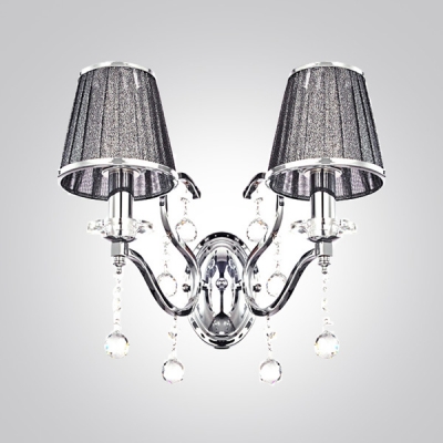 Enticing Glamorous Two Lights Fabric Shades Wrought Iron Wall Sconce Draped with Clear Crystal Balls