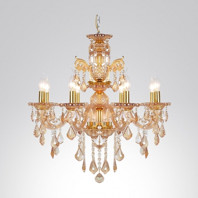 Golden and Elegant  8-Light Crystal Scrolling Arms and Droplets Chandelier Lighting