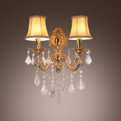 Luxury Two Light Wall Sconce Features White Fabric Shades Trimmed with Crystal Accents