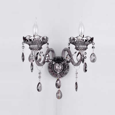 Magnificent Gleaming Double Candle-style Light Crystal Wall Sconce with Elegant Scrolling Arms