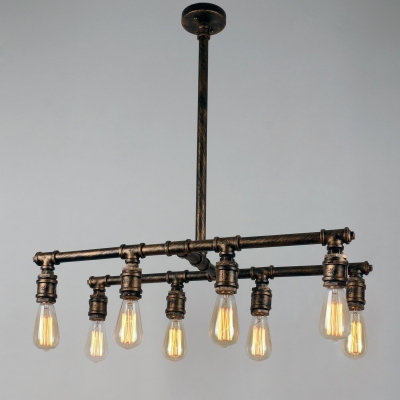 Aged Brass 8 Lights Chandelier Industrial Downrod Wrought Iron Pipe Hanging Light for Restaurant Kitchen Island