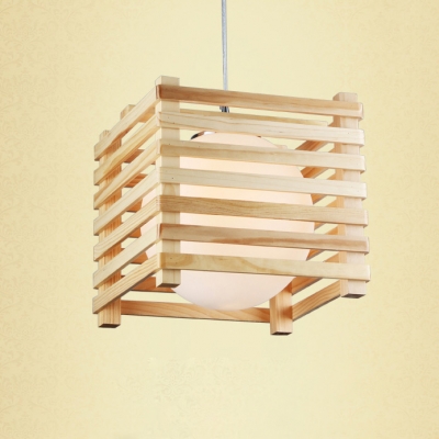 Round Wood Canopy Cube Wood Caged Designer Large Pendant Lighting