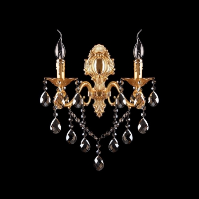 Sophisticated 20'' High Wall Light Fixture Completed with Graceful Curving Scrolling Arms and Beautiful Crystal Drops