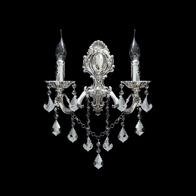 Striking Two Candle-style Light Wall Sconce Features Delicate Silver Detailing and Beautiful Crystal Drops