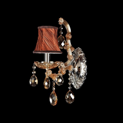 Wonderful Single Light Wall Sconce Features Copper Fabric Bell Shade and Graceful Crystal Droplets