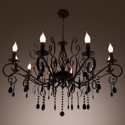 Wonderfully Black  Hand-Cut Crystal Drops Iron Scroll Arms Wrought Iron Chandelier