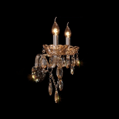 Lustrous Double Light Wall Sconce with Graceful Curving Arms and Clear Crystal Drops