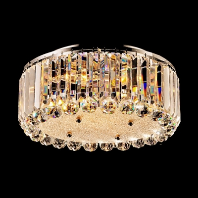 Modern Round Flush Mount Accented by Brilliant Crystal Prisms and Spheres