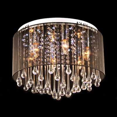 Majestic and Bold Black Shaded Flush Mount Accented by Clear Crystal Drops