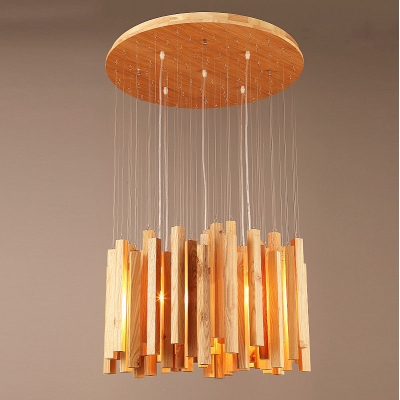 Round Wooden Canopy And Cluster Of Wooden Sticks Designer Pendant Light 23.6” Wide