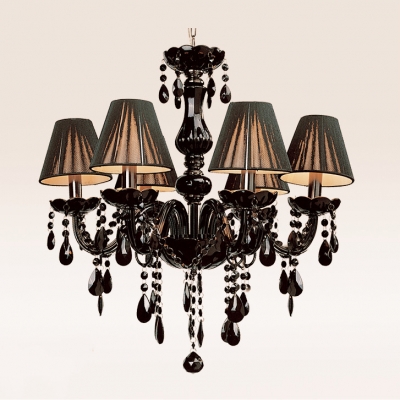 Jet Black Silken Shade and Curved Crystal Glass Arms 5-Light Mysterious Chandelier