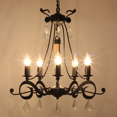 Retro Wrought Iron Crystal Accented Black Chandelier