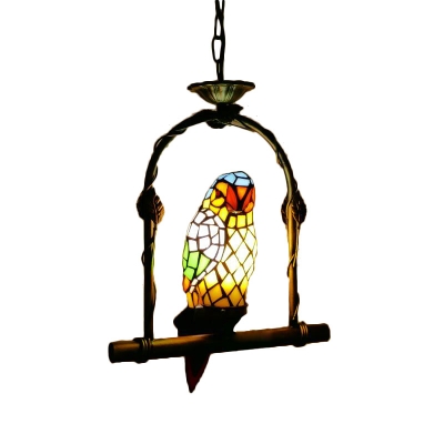 Bird Cage Tiffany Pendant with One Parrot