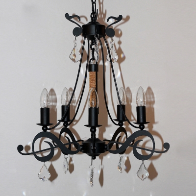 Retro Wrought Iron Crystal Accented Black Chandelier