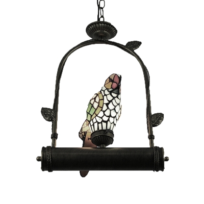 Bird Cage Tiffany Pendant with One Parrot