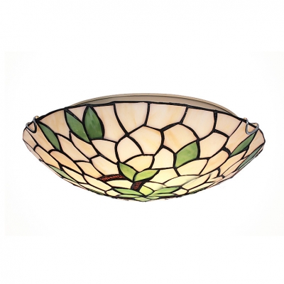 Two Lights Green Leaves Motif Flush Mount Ceiling Light in Tiffany Style